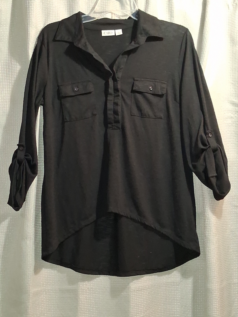 Cato Black Roll-Tab High-Low Button Pocket Blouse